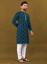 Thumbnail for Prazu Fashion Royal Blue Matka Silk All Over Silver Jari With Embroidery Buti Designer Kurta For Men's - Distacart
