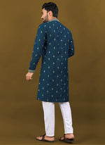 Thumbnail for Prazu Fashion Royal Blue Matka Silk All Over Silver Jari With Embroidery Buti Designer Kurta For Men's - Distacart