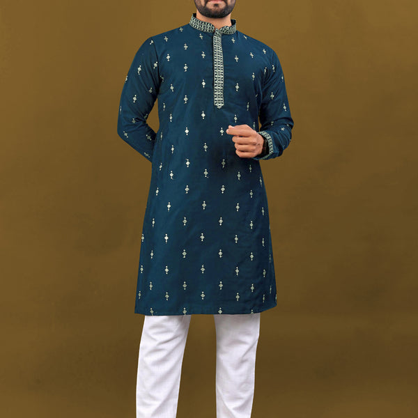 Prazu Fashion Royal Blue Matka Silk All Over Silver Jari With Embroidery Buti Designer Kurta For Men's - Distacart