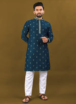 Thumbnail for Prazu Fashion Royal Blue Matka Silk All Over Silver Jari With Embroidery Buti Designer Kurta For Men's - Distacart