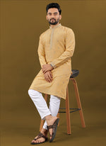 Thumbnail for Prazu Fashion Yellow Matka Silk All Over Silver Jari With Embroidery Buti Designer Kurta For Men's - Distacart
