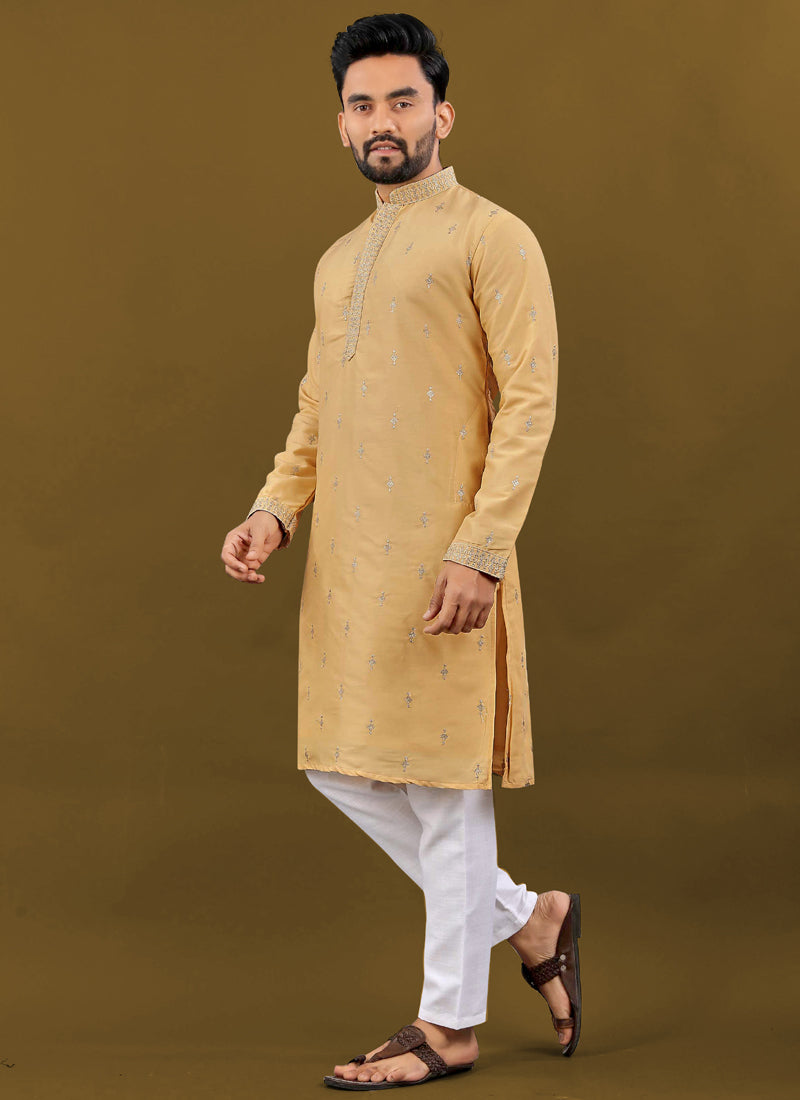 Prazu Fashion Yellow Matka Silk All Over Silver Jari With Embroidery Buti Designer Kurta For Men's - Distacart