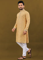 Thumbnail for Prazu Fashion Yellow Matka Silk All Over Silver Jari With Embroidery Buti Designer Kurta For Men's - Distacart