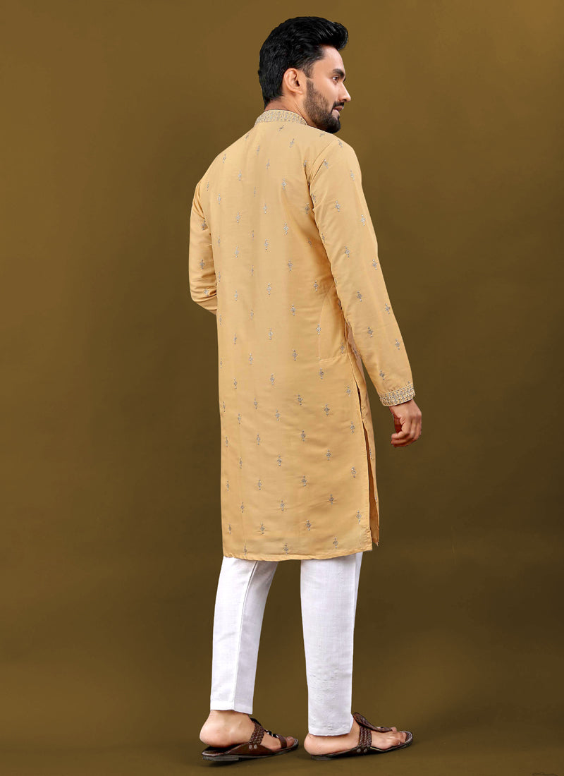 Prazu Fashion Yellow Matka Silk All Over Silver Jari With Embroidery Buti Designer Kurta For Men's - Distacart