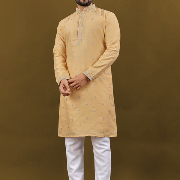 Prazu Fashion Yellow Matka Silk All Over Silver Jari With Embroidery Buti Designer Kurta For Men's - Distacart