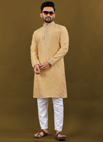 Thumbnail for Prazu Fashion Yellow Matka Silk All Over Silver Jari With Embroidery Buti Designer Kurta For Men's - Distacart