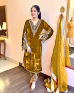 Thumbnail for Joban Fashion Mustard Gold Velvet Embroidery Kurta Set