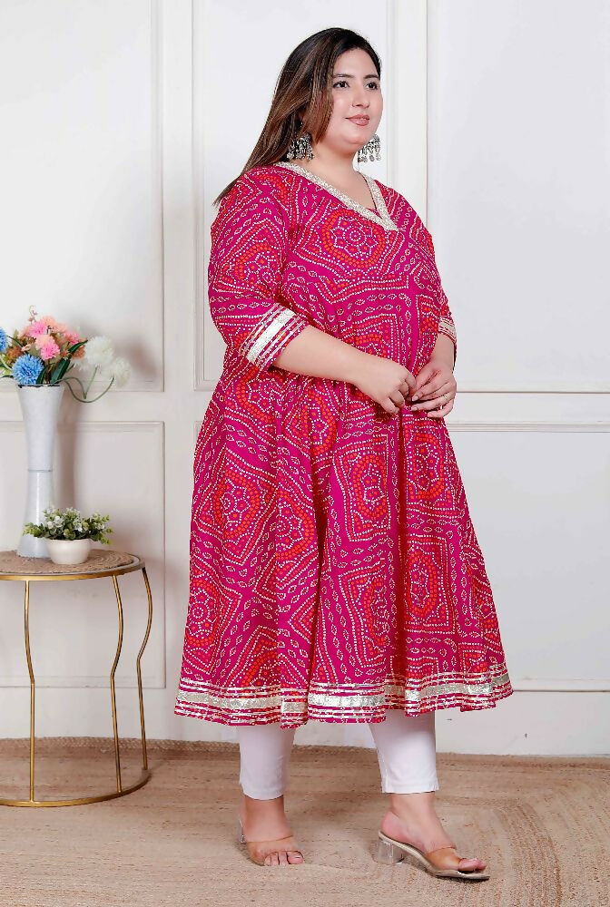 Miravan Plus Size Women'S Pink Cotton Bandhani Ethnic Anarkali Kurta