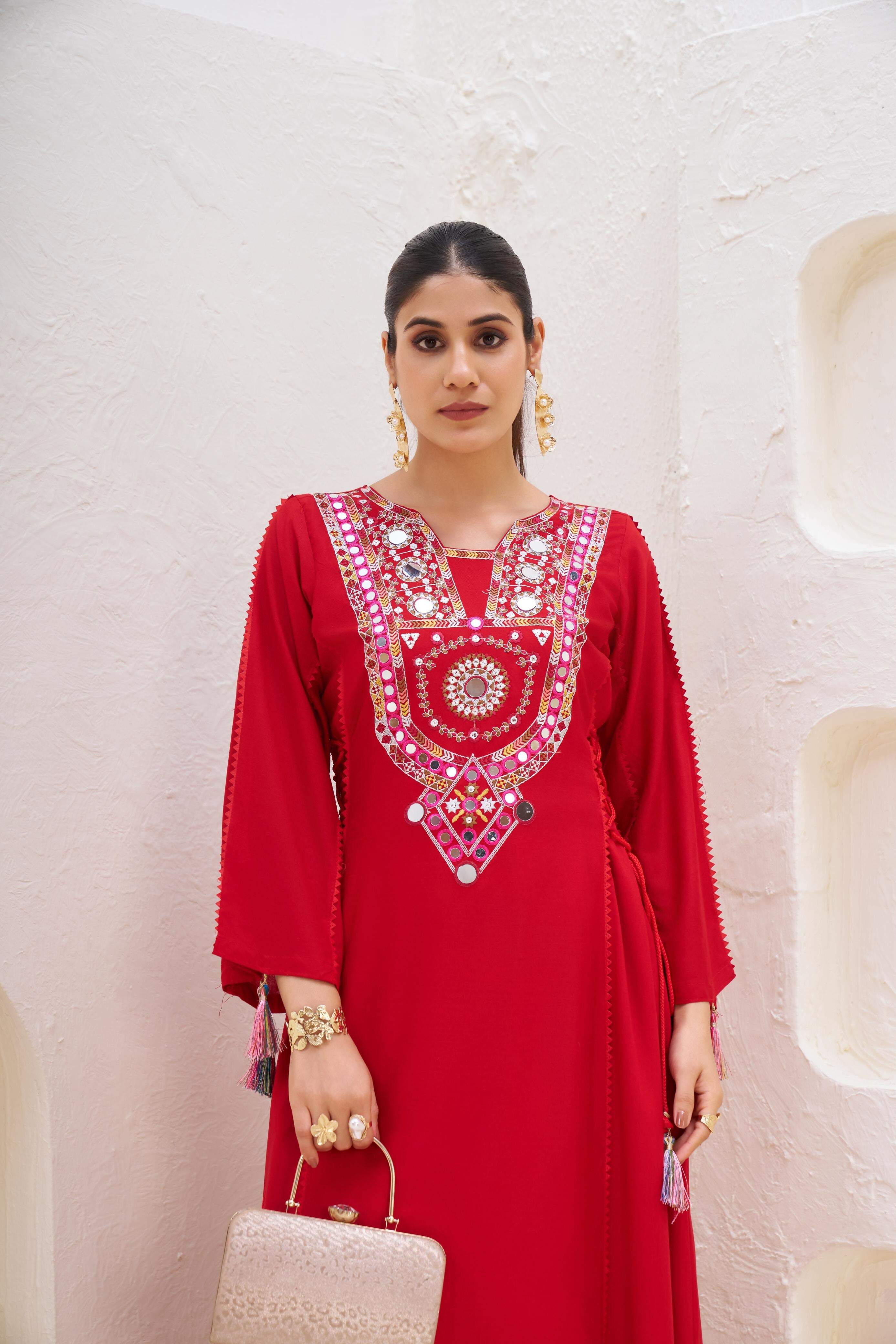 Joban Fashion red Palazzo Rayon Coding Dori with Sequence with Rivet Moti