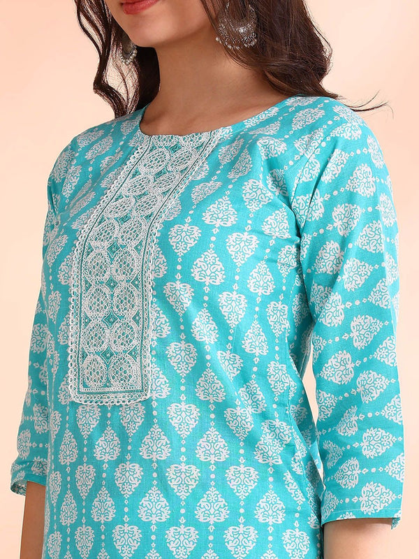 Ode by House of Pataudi Thread Work Pure Cotton Straight Kurta with Trousers & Dupatta - Distacart