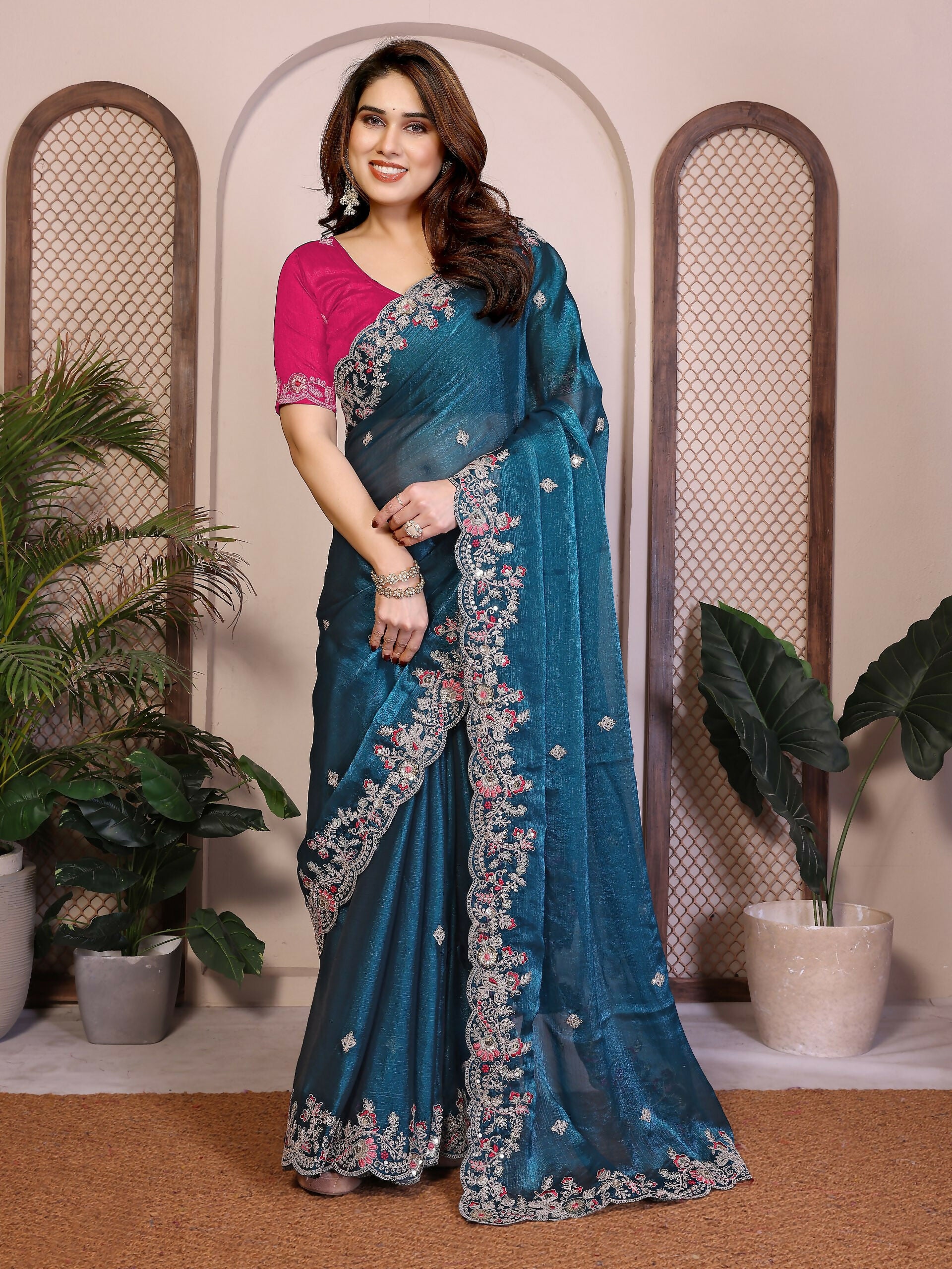 Teeya Creation New Womens Latest Party Wear Soft Chiffon Silk Saree-Blue - Dista