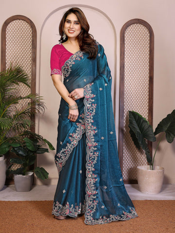 Teeya Creation New Womens Latest Party Wear Soft Chiffon Silk Saree-Blue - Dista