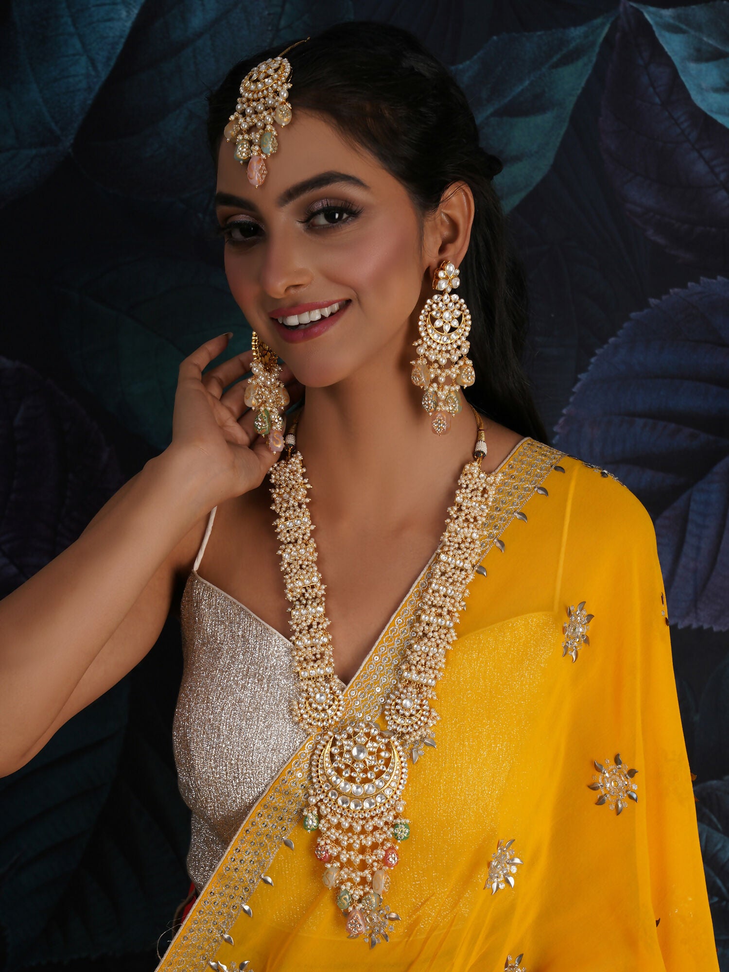 Long Kundan Neckpiece with Earrings & Maang Tikka with Multi Stones Jewellery Set (Gold) - Ruby Raang - Distacart
