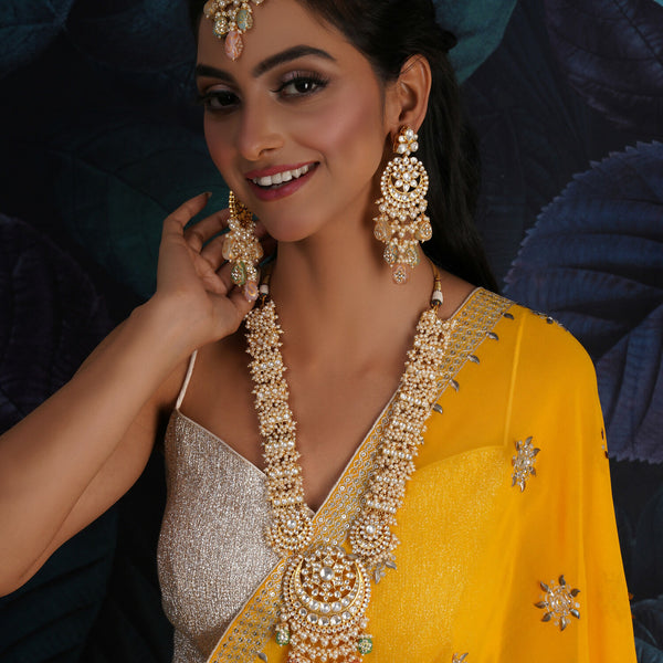 Long Kundan Neckpiece with Earrings & Maang Tikka with Multi Stones Jewellery Set (Gold) - Ruby Raang - Distacart