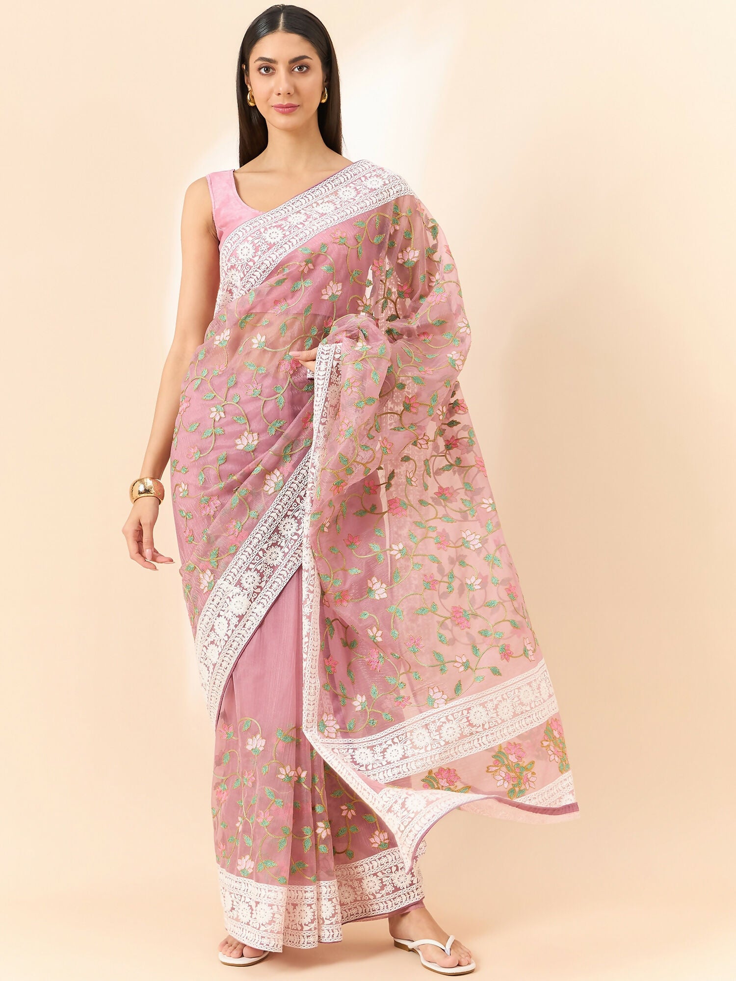 Pink Organza Floral Embroidered Saree with Unstitched Blouse Piece - Roozal - Distacart