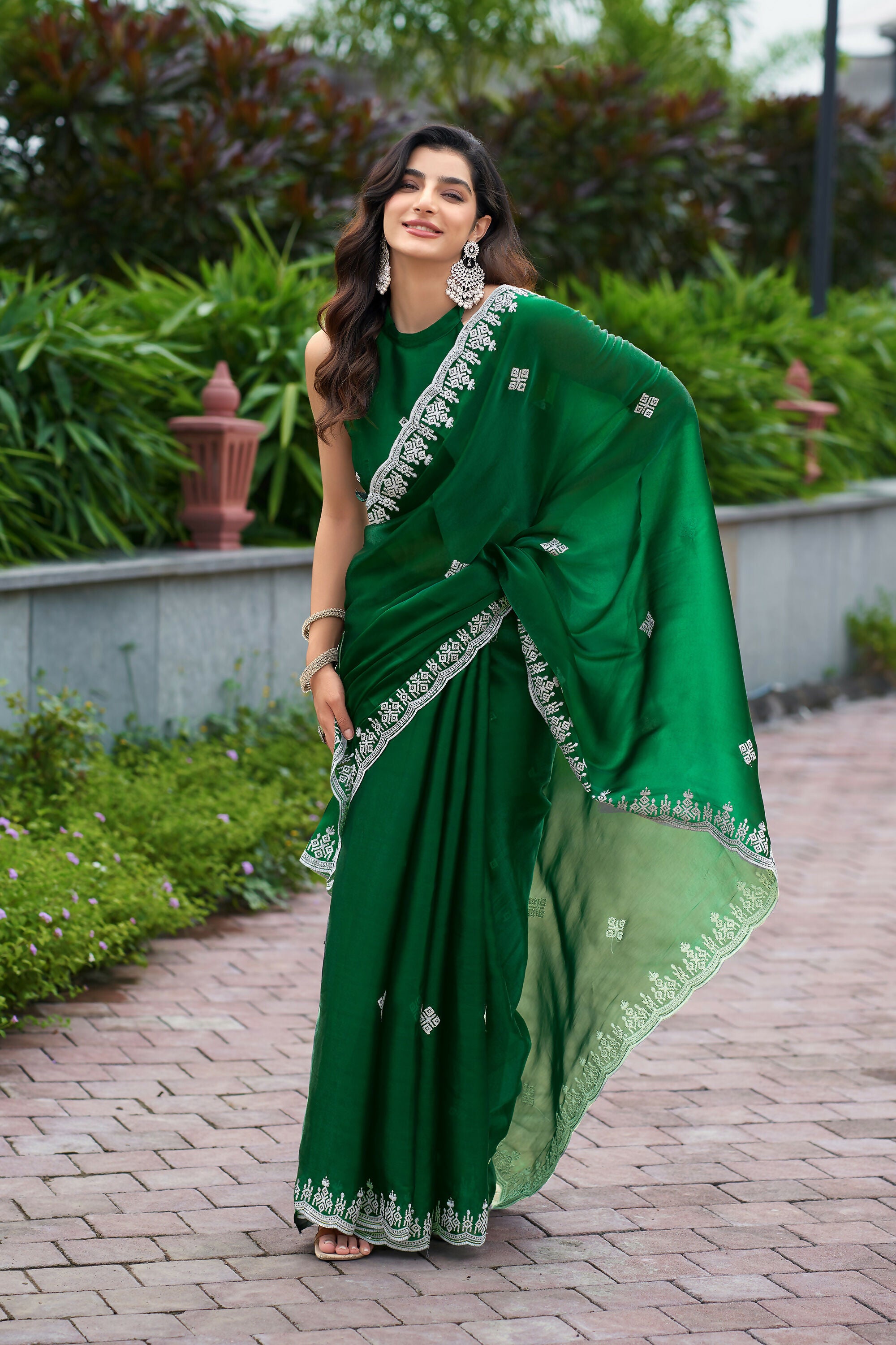 Vastranavya Green Embroidery Work Shimmer Chiffon Saree with Unstitched Blouse