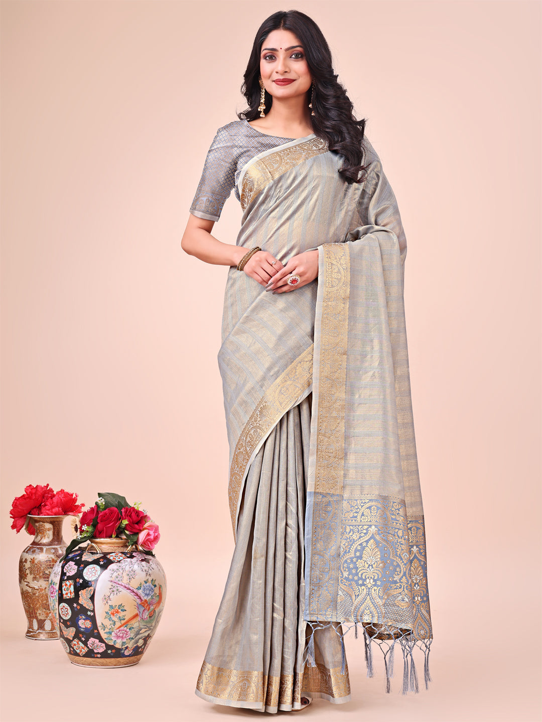 Aanika Women Grey Organza Saree With UnStiched Blouse - Distacart