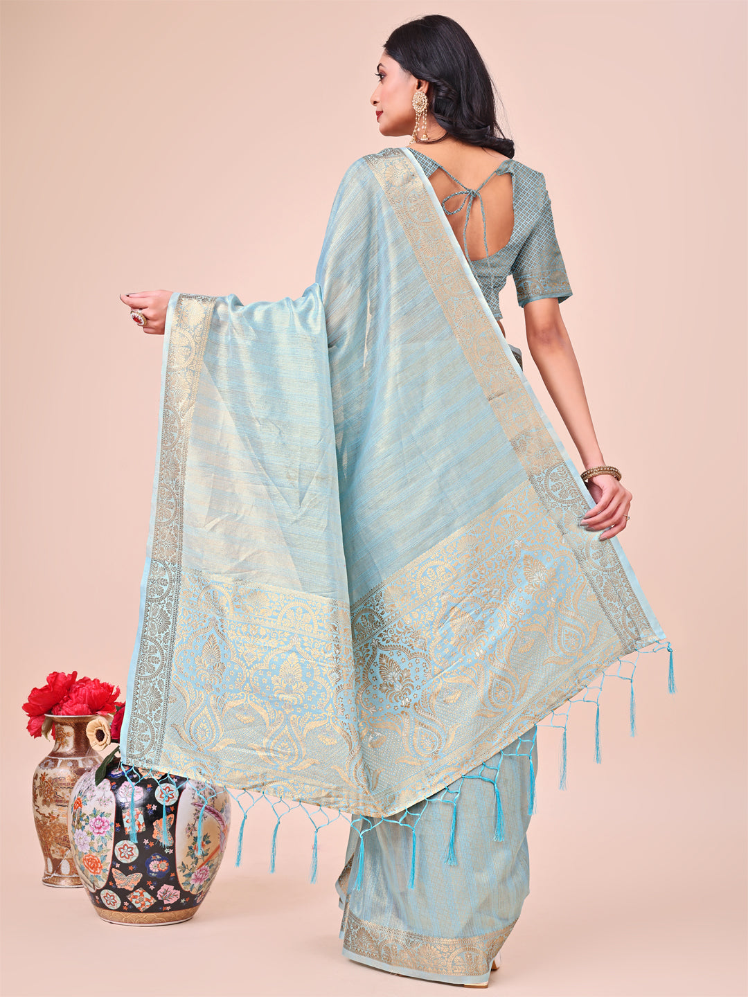Aanika Women Sky Blue Organza Saree With UnStiched Blouse - Distacart