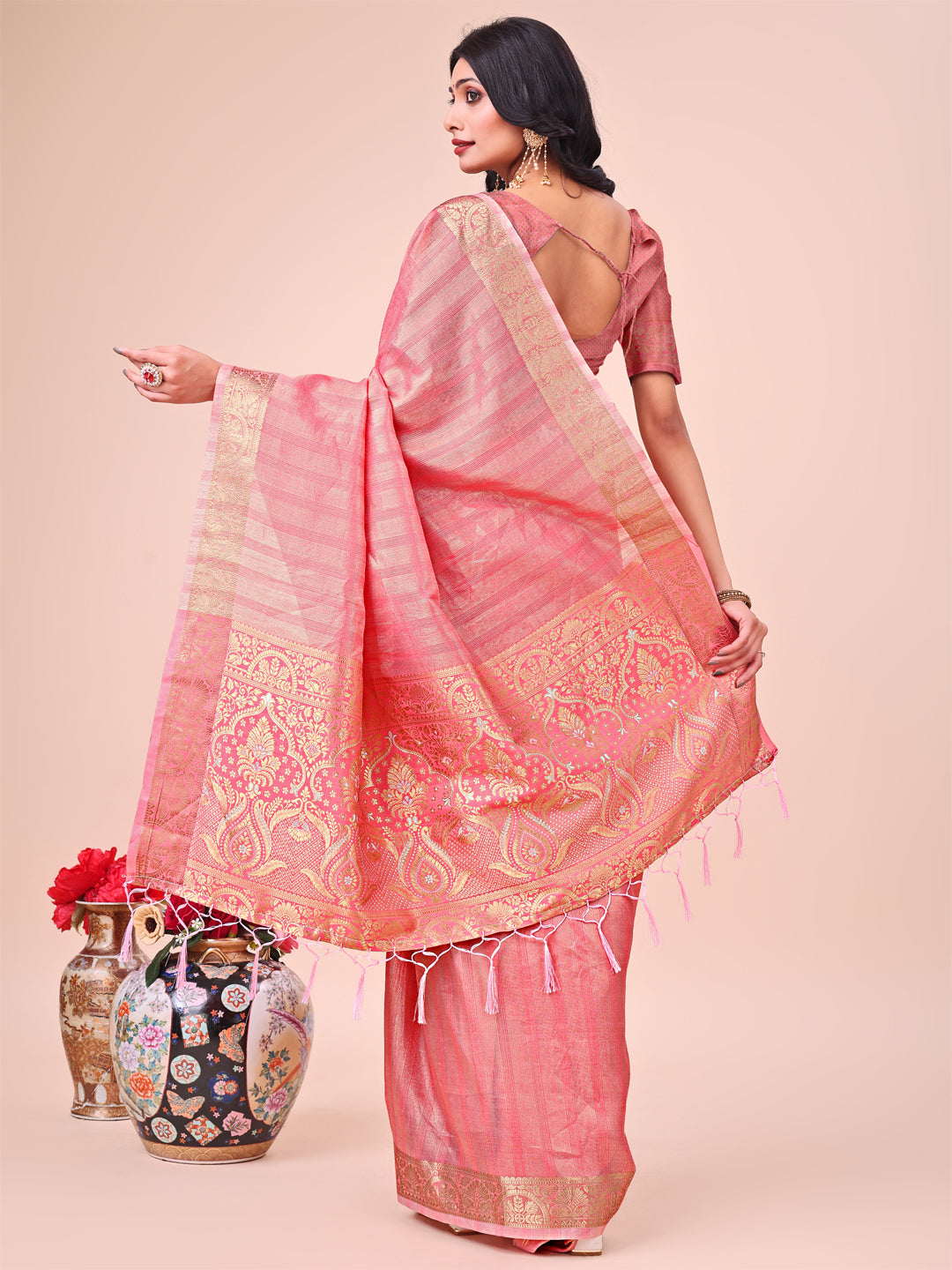 Aanika Women Peach Organza Saree With UnStiched Blouse - Distacart