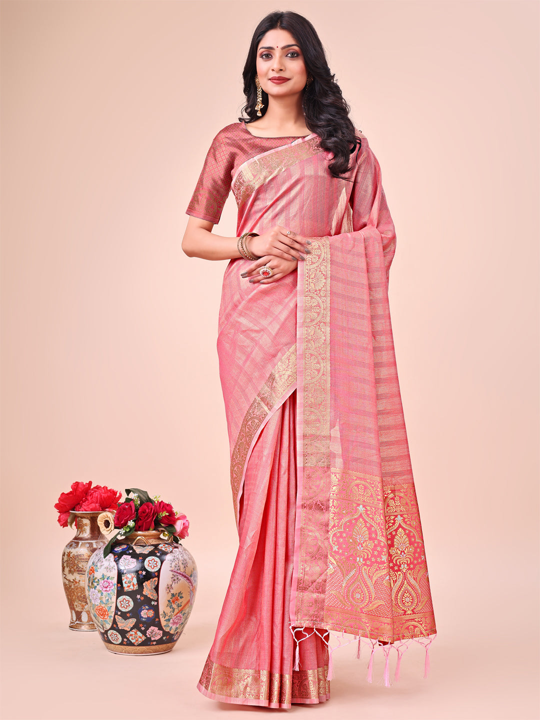 Aanika Women Peach Organza Saree With UnStiched Blouse - Distacart