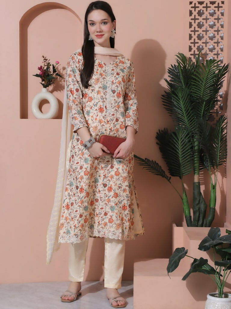 Jyoti Fashion Women's Beige Cotton Floral Digital Printed Kurta with Trouser & Dupatta - Distacart