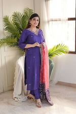 Thumbnail for The52 Purple Women's Gorgeous Embroidered Vichitra Fabric Straight Kurta Pant with Dupatta Set - Distacart