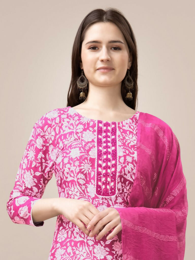 Jyoti Fashion Women's Pink Rayon Print with Embroidery & Fancy Lace Work Kurta with Trouser & Dupatta - Distacart