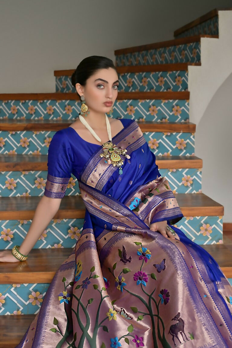Vishnu Weaves Women's Royal Paithani Silk Zari Woven Saree with Blouse