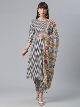 Ahalyaa Black & White Digital Print Crepe Kurta and Pant With Dupatta Set - Distacart