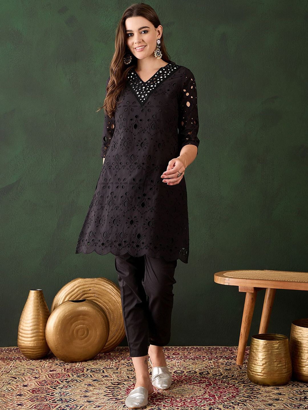Sangria Embroidered Regular Mirror Work Pure Cotton Kurti With Trousers - Distacart