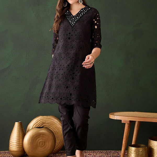 Sangria Embroidered Regular Mirror Work Pure Cotton Kurti With Trousers - Distacart