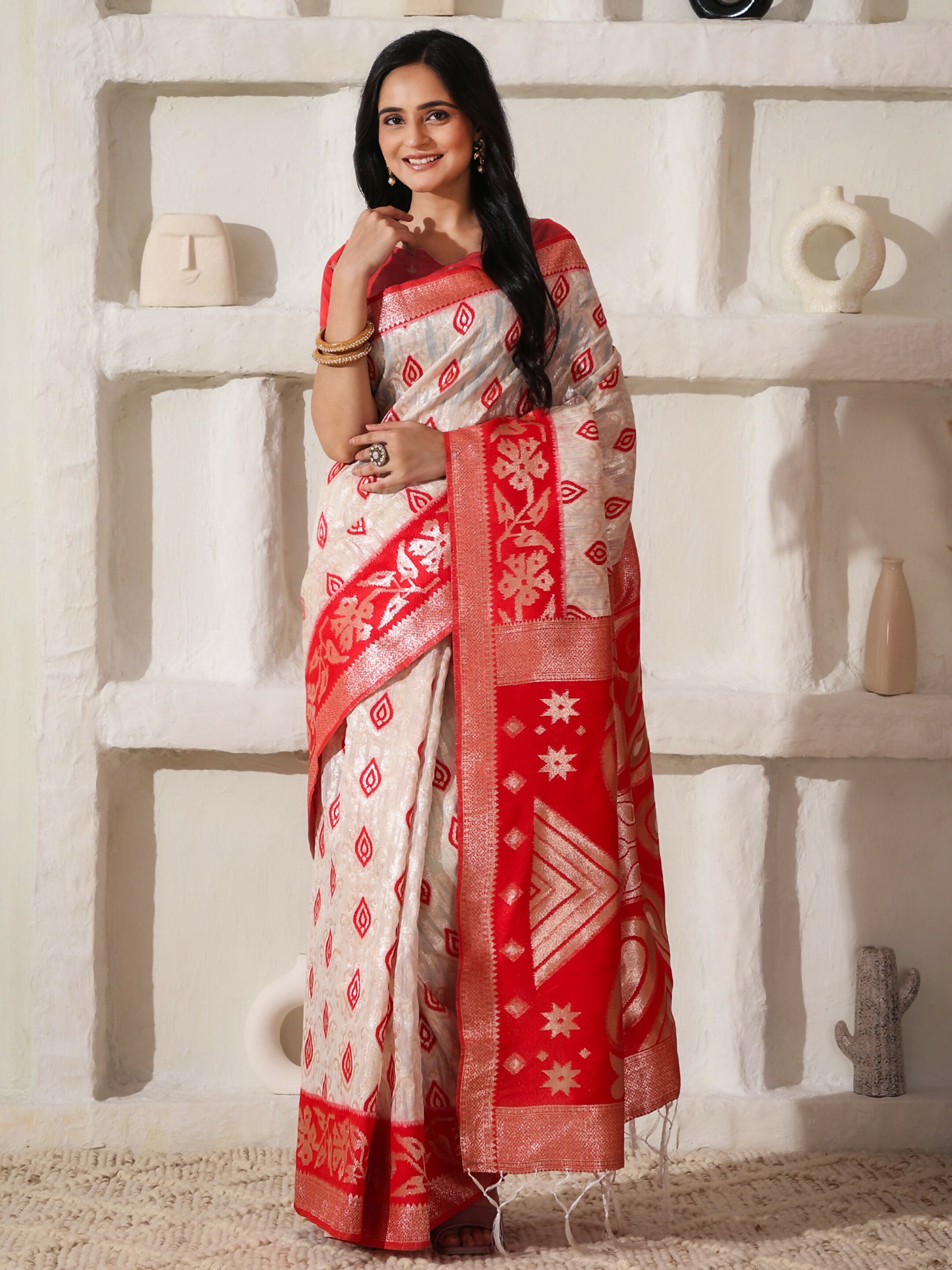 Astita Linen Cotton Red & White Saree
