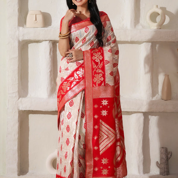 Astita Linen Cotton Red & White Saree