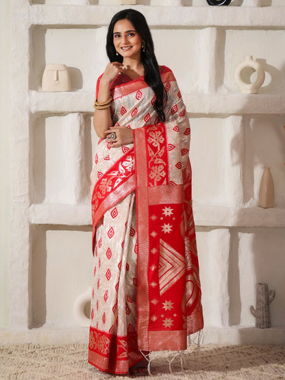 Shree Shyam Fashion Linen Cotton Red & White Saree - Distacart
