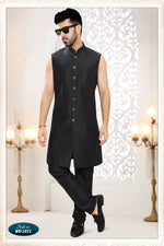 Thumbnail for Joban Fashion Men's Black Straight Silk Thread And Sequence Embroidery All Over 3 Pc Kurta Set - Distacart