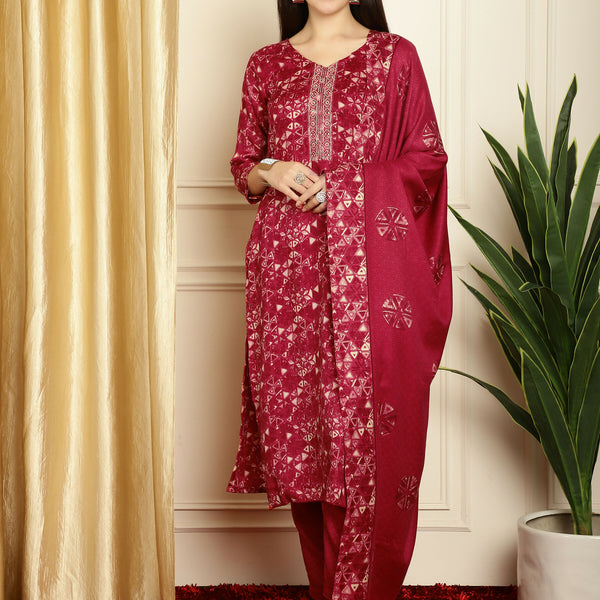 Jyoti Fashion Women's Red Pashmina Floral Digital Printed Kurta with Trouser & Dupatta - Distacart