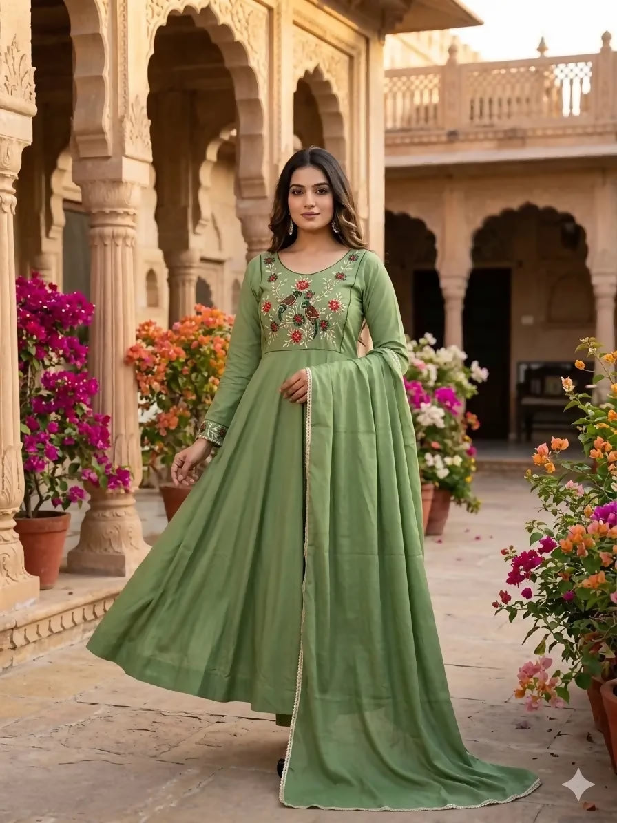 Teeya Creation Womens New Trendy Light Green Embroidered Anarkali Suit With Pant & Dupatta Set - Dista