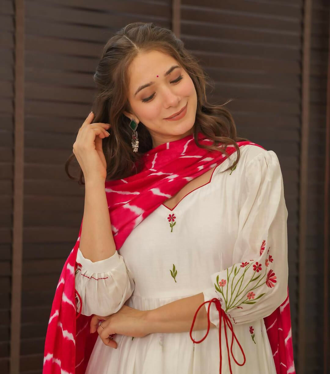 The52 Off White Women's Beautiful Chanderi Fabric Thread work Flared Anarkali with Pant And Dupatta Set