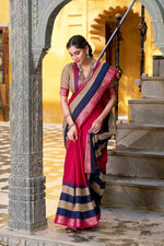 Thumbnail for Vastranavya Pink Printed with Zari Weaving Work Poly Cotton Saree & Unstitched Blouse - Distacart