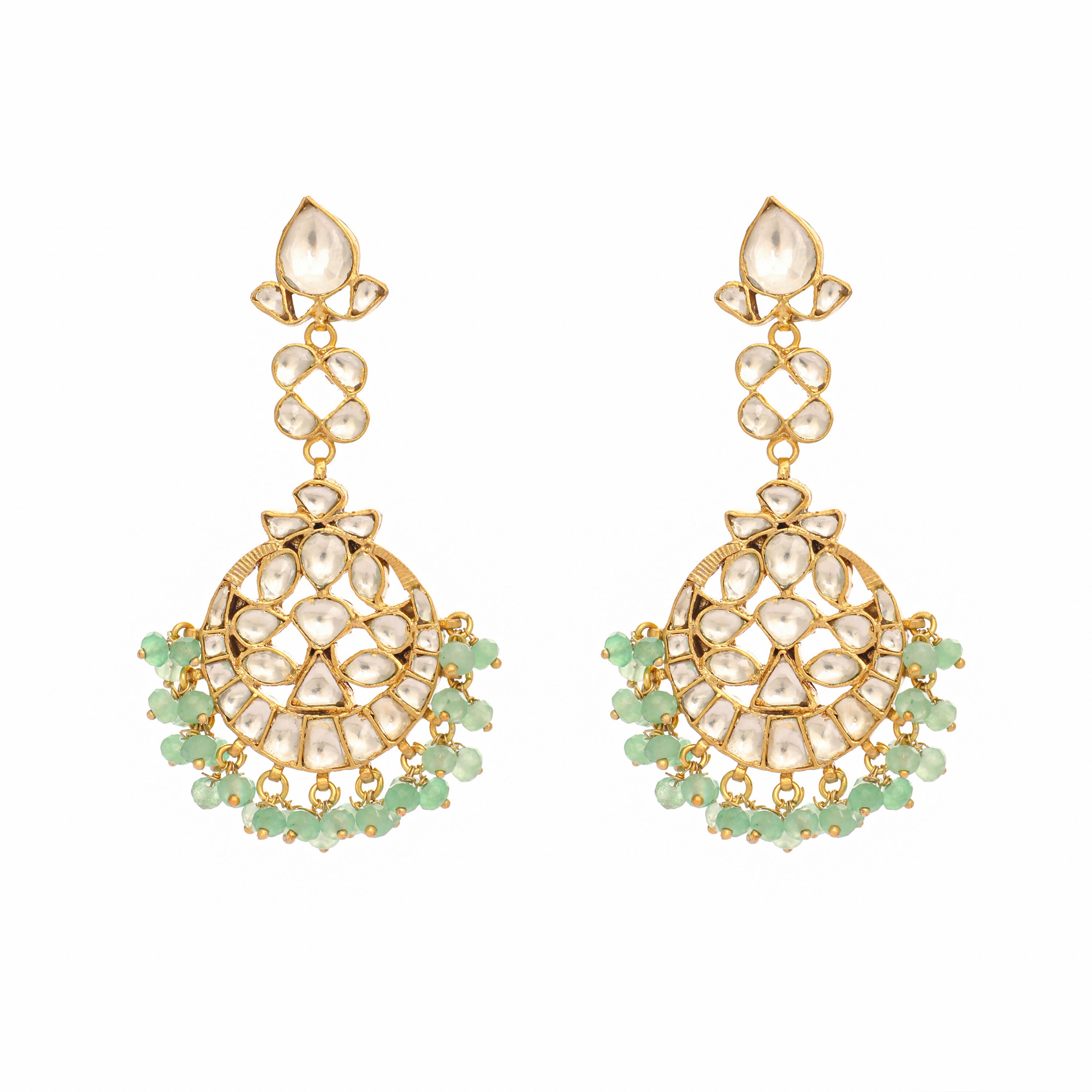 Nuyug 22K Gold Plated Regal Green Kundan Chandbali Earrings