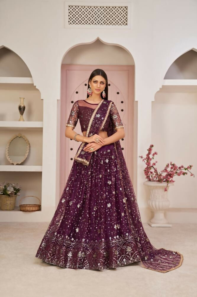 Aastha Fashion Wine Butterfly Net All Over Thread Work, Zari Work And Sandwich Sequence Work Embroidery Wedding Wear Lehenga Choli - Distacart