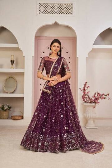 Aastha Fashion Wine Butterfly Net All Over Thread Work, Zari Work And Sandwich Sequence Work Embroidery Wedding Wear Lehenga Choli - Distacart