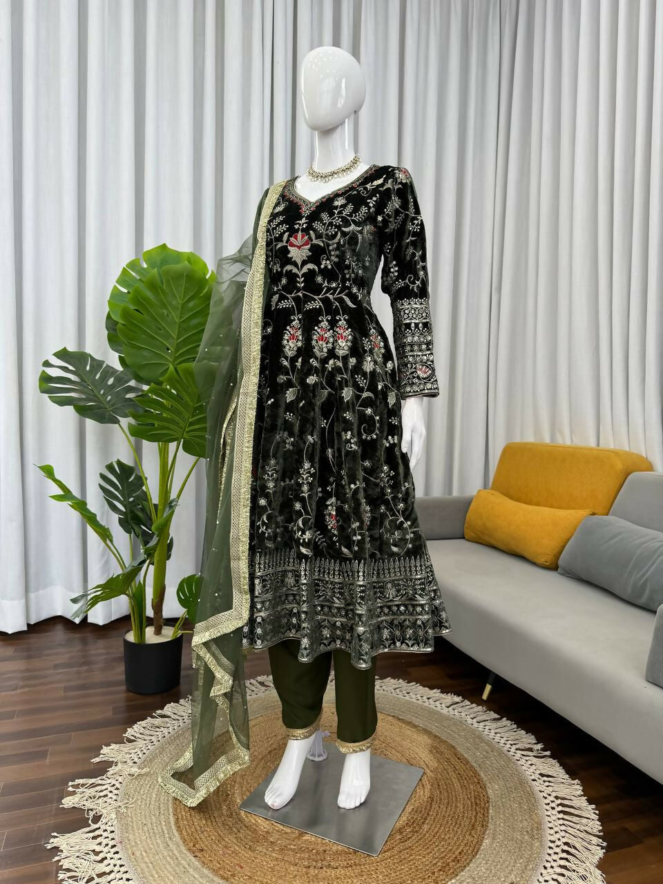 Vastranavya Mehendi Viscose Velvet Thread Sequence Work Top-Bottom With Dupatta - Distacart