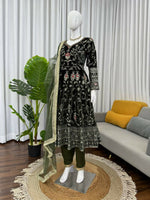 Thumbnail for Vastranavya Mehendi Viscose Velvet Thread Sequence Work Top-Bottom With Dupatta