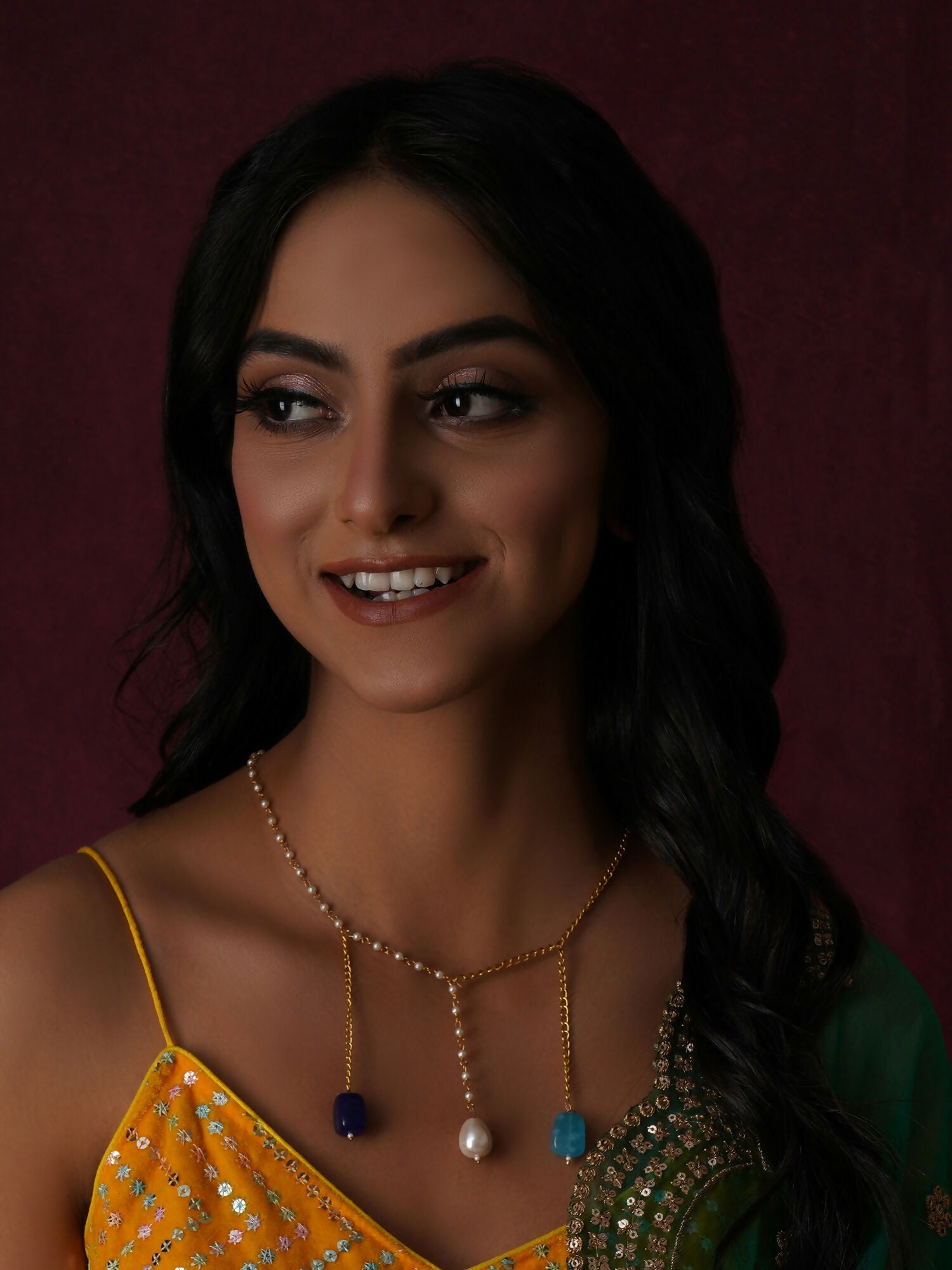 Long Pearl and Gold Chain Neckpiece (Gold) - Ruby Raang - Distacart