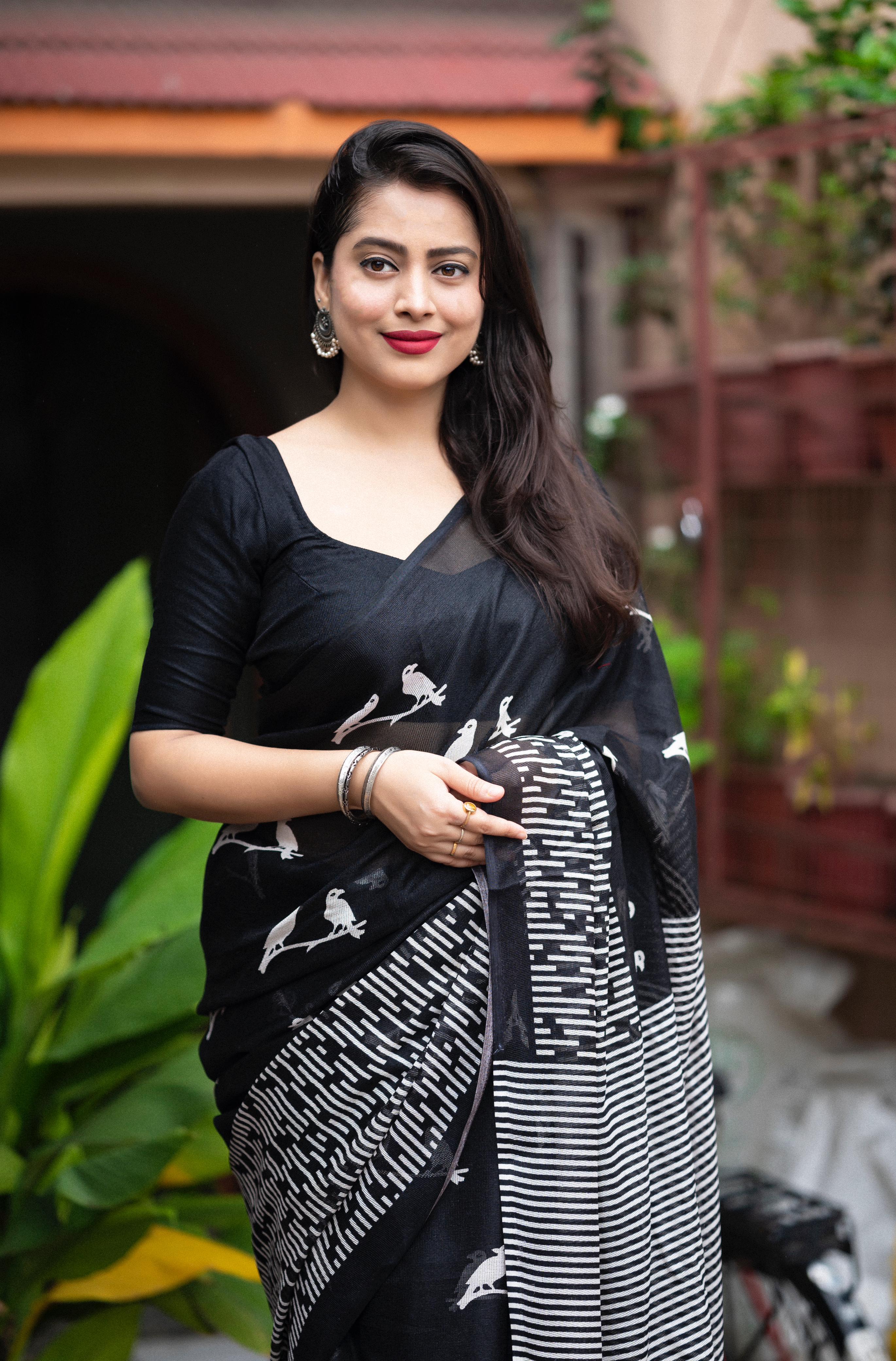 Black Silk Blend Ethnic Motifs Saree with Unstitched Blouse - A2M - Distacart