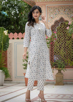 Thumbnail for Kaajh Women's White Grey Floral Print Cotton Kurta Pant Set - Distacart