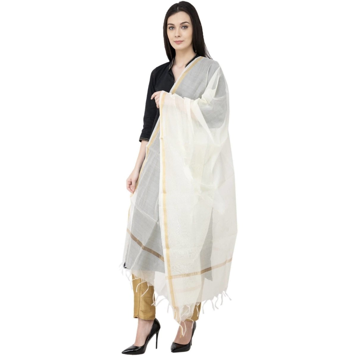 A R SILK Chanderi Piping Regular Dupatta off White Color Dupatta or Chunni