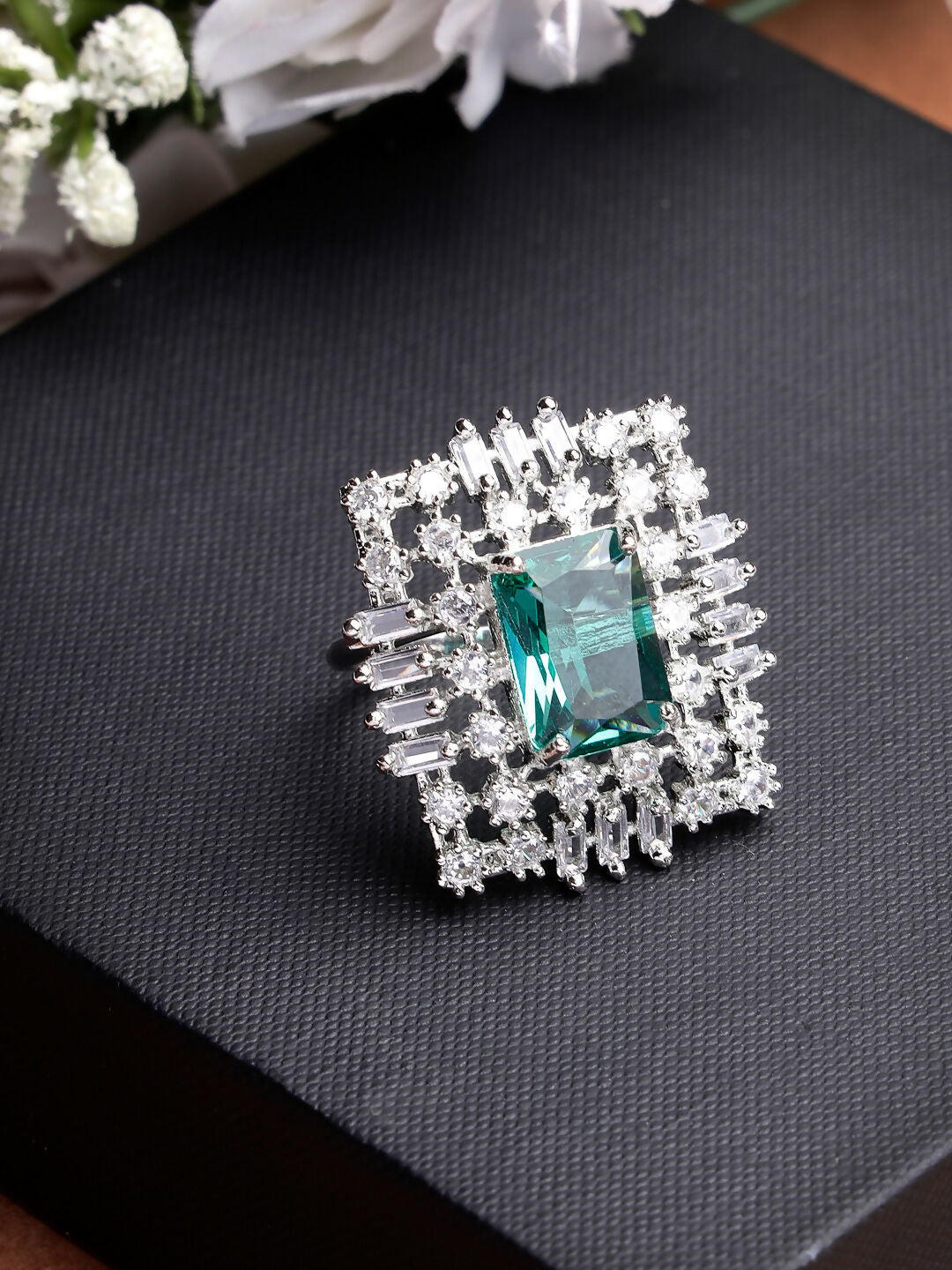 NVR Women's Green & Silver CZ-Studded Square-Shaped Adjustable Finger Ring - Distacart