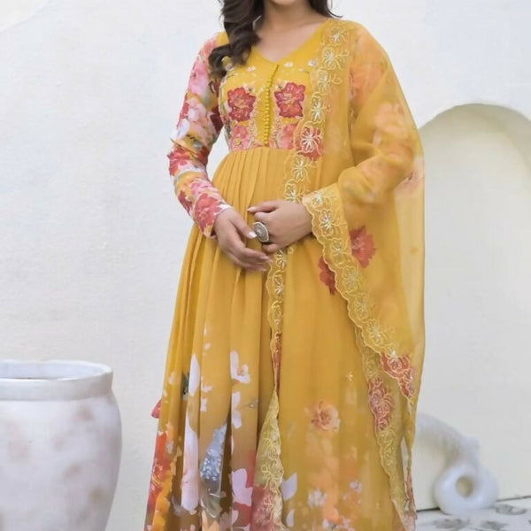 Teeya Creation Yellow Color Faux Georgette Printed Party Wear Gown